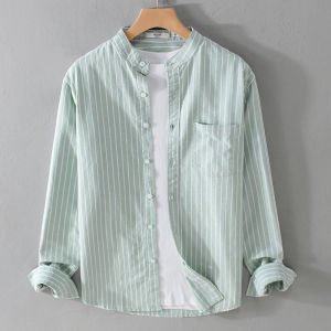 Japanese Fresh Stripes Long Sleeves Shirt Mens Spring and Autumn Top Collarless Shirt Artistic Casual Pure Cotton round Neck Shirt
