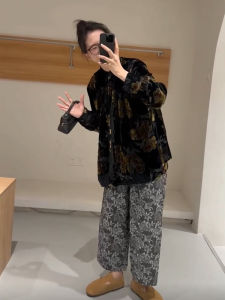 Retro Chinese Style Long Sleeve Velvet Shirt Womens Autumn High-End Feel Floral Print Wide Leg Pants Two-Piece Set