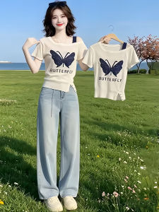 Shalldoer | Embroidered Rhinestone Short Sleeve T-shirt Slim Breathable Off-Shoulder