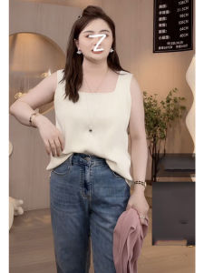 Oversized Knit Camisole Womens Solid Color Inner Wear Summer Plus Size Ladies Slim Looking Loose I-Shaped Square Collar Sleeveless Bottoming Top