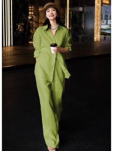 Laid-back Loose Womens Set Green Fashion Shirt Wide Leg Pants Ensemble Autumn New Arrival Comfortable Feel Polyester Fiber