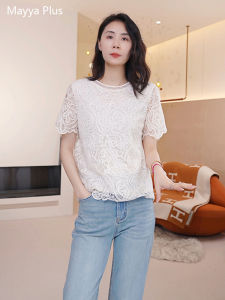 Elegant round Neck Short Sleeve T-Shirt Womens Spring Summer Apricot Lace Embroidery Cotton Blend Comfortable Breathable Tee