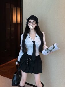 Korean College Style Spicy Girl Design Pleated Slim Shirt with Tie High Waist Pleated Mini Skirt Set Autumn Season Womens Fashion