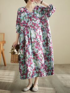 Fashionable plus Size Floral Print Long Sleeve Dress V Neck Conceal Belly Slimming Long Womens Clothing Commute Vintage Style