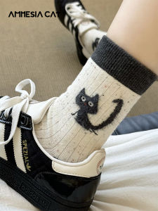 ถุงเท้าผู้หญิงสีขาว ถุงเท้ากลางน่อง ผ้าฝ้ายแท้ ฤดูใบไม้ผลิและฤดูใบไม้ร่วง ดีไซน์การ์ตูนน่ารัก ถุงเท้าผู้หญิงแบบยาว ถุงเท้าผ้าฝ้าย