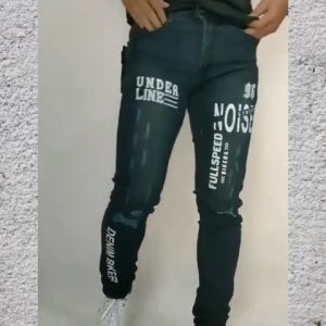 Jeans Men Denim Sobek Sablon Underline Warna Dark Wash Slim Fit