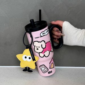 Large Capacity Stainless Steel Straw Cup Creative Lines Ice King Office Ladies Water Bottle with Handle Insulated Tumbler