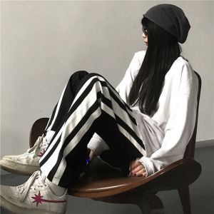 American High Street Casual Pants Womens plus Size Loose Straight Leg Drapey Wide Leg Trousers Side Stripe Trendy Brand