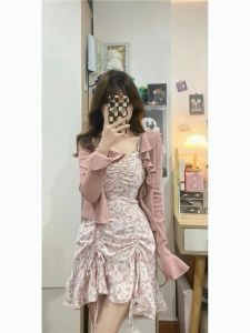 Pure Desire Sweet Spicy Style Knitted Ear Mushroom Open Cardigan Set Womens Autumn New Hot Girl Design Fashion Floral Halter Dress