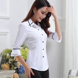 เสื้อเชิ้ตแขนยาวลำลองสำหรับผู้หญิง ชุดทำงานสไตล์เกาหลี ฤดูใบไม้ร่วง แฟชั่น แขนยาว ปกโปโล ทรงเข้ารูป ผ้าโพลีเอสเตอร์