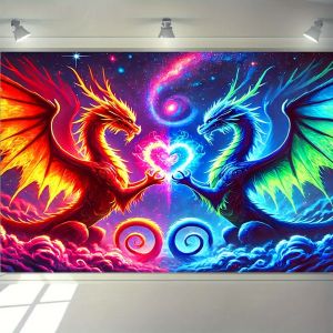 VIKAMA Theo Chủ Đề Rồng Vũ Trụ Tấm Thảm Màu Neon Đôi Rồng Băng Và Lửa Nghệ Thuật Treo Tường Phòng Khách Trang Trí Sofa Vải Polyester