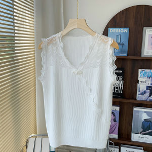 Ice Silk Strap Vest Womens Loose Knitted Base Shirt White Lace New Chinese Style Top Underwear Commute Style Pure Color