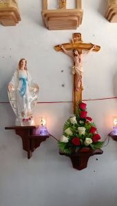 Bộ bàn thờ công giáo tượng 50cm Thánh giá 70cm nhựa composite kệ nâu sole hoa đèn đầy đủ - bàn thờ Thiên Chúa