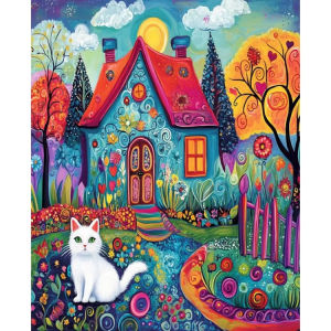Jigsaw Puzzle 500/1000/1200/2000PCS White Cat House Cute Animal Artwork Stress Relief Puzzle Wall Art Decor Gift