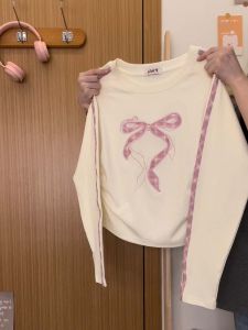 Long Sleeve Embroidered T-Shirt Womens Sweet Cool Style Slimming Base Layer Top Butterfly Knot Cotton Polyester Blend