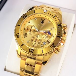 PLAYBOY ร้านเรือธง 2025 นาฬิกาผู้ชายใหม่กีฬาแฟชั่นกันน้ำนาฬิกามัลติฟังก์ชั่นส่องสว่างสแตนเลสนาฬิกาสีทองเป็นของขวัญสำหรับเด็กผู้ชาย