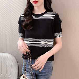 LUCKIN STORE Áo Nữ Áo Phông Ngắn Tay Áo Thun Nữ Dáng Rộng Sọc Hàn Quốc Mùa Hè Áo Cánh Mới Cỡ Lỡn