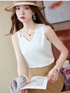 เสื้อกั๊กสายเดี่ยวทรงเข้ารูปสำหรับผู้หญิง คอวี ดีไซน์ไม่สมมาตร แฟชั่นฤดูใบไม้ร่วง ไซส์ใหญ่ เสื้อชั้นในป้องกันแสง