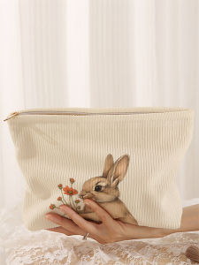 1 rabbit patterned corduroy makeup bag lightweight zipper makeup storage box multifunctional bag with lining