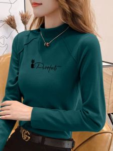 หนากึ่งสูงคอเสื้อยืดแขนยาวผู้หญิงสบายๆ SLIM FIT เส้นใยโพลีเอสเตอร์ Creative Patchwork พิมพ์