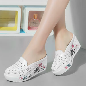 Genuine Leather Semi-Slippers Womens Thick Sole Platform Shoes Wedge Closed Toe Loafers High Heel Korean Style Outdoor Slippers Heel-Free Shoes