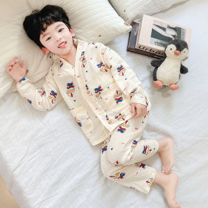 Boys Cotton Pajamas Thin Pure Cotton Muslin Home Clothes Spring Autumn Summer Air Conditioning Suit Cartoon Print Sleepwear