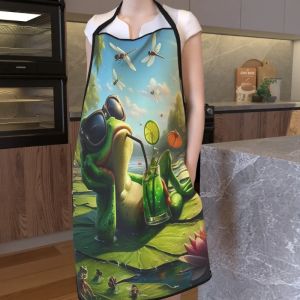 1pc Cute Happy Frog Print Kitchen Apron Machine Washable Funny Pond Lotus Cooking Apron for Home BBQ Party