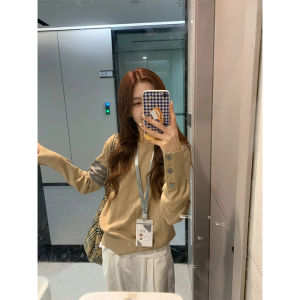 Super Nice Khaki Stripes Knitwear Female Spring & Fall Loose and Lazy Style Soft Glutinous Gentle Casual All-Matching Tops