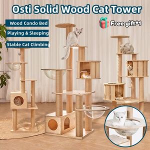 Multi-layer Cat Tree House Condos Wooden Cat Tower With Sisal Rope Cat Scratching Posts Plush Cloth Hammock Cat Climbing Frame
