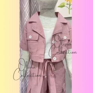 Virall Setelan baju anak perempuan 3 IN 1 bahan katun linen mix crinkle usia 3 - 12 tahun oneset crop top linen celana cargo anak termurah model terbaru - COD