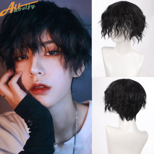 วิกผมคอสเพลย์สังเคราะห์ผู้ชาย วิกผมอนิเมะสีดำสีน้ำเงินสีขาวฮาโลวีนผมตรงสั้นทนความร้อน
