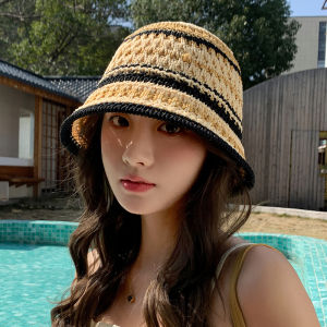 Colorful Knitted Fishing Cap Womens Lightweight Breathable Bucket Hat Fashionable Summer Sunshade Hat Ethnic Style Hollow out
