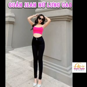 Quần Jean Dài Nữ Lưng Cao Hàng Co Giãn 2 Nút Màu Đen Có Size Đại