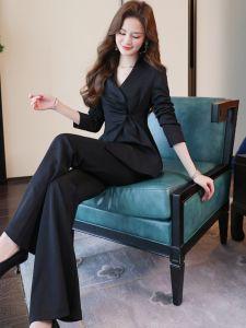 MUBEELE | Elegant Black Asymmetric Fashion Set Womens Autumn 2024 Long Sleeve V-Neck Polyester Nylon Two-Piece Suit High Waist Micro Flare Pants
