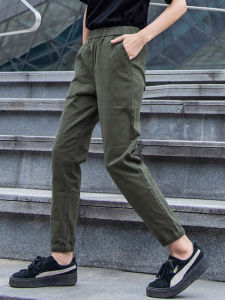 Military Green Casual Harajuku Style Womens Workwear Trousers Spring Autumn Small Size Cuffed Loose Fit Sports Nine Points