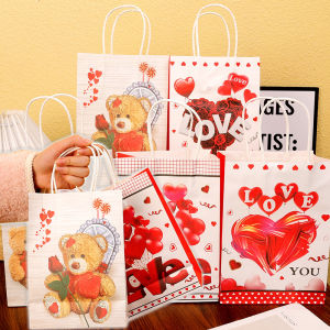 1-5PCS ValentineS Day Gift Bag With Handles Kraft Paper Love Bear Pattern Packaging Bag Birthday Baby Shower Party Decorations