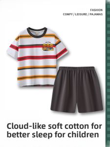 MiiOW | Pure Cotton Summer Thin Short Sleeve Childrens Sleepwear Set Breathable Home Clothes For Boys Catman Round Neck Home Suit