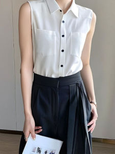 เสื้อเชิ้ตแขนกุดคอปกสไตล์เกาหลี ทรงหลวม ปกโปโล ทรงปกติ ฤดูร้อน 2025 แฟชั่น ดีไซน์เรียบง่าย กระเป๋าคู่ ปกปิดเนื้อ