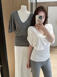 Loose V-neck Short Sleeve Knitted T-shirt Womens Base Shirt Batwing Sleeve Cover up Waist Cinched Versatile Solid Color Top