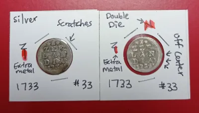 2pcs Netherlands Province of Zeeland 2 Stuivers 1733 Error Silver Coin #33