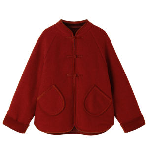 เสื้อแจ็คเก็ตผ้าขนสัตว์สำหรับเด็ก แจ็คเก็ตผ้าขนสัตว์สีแดง อบอุ่นสำหรับฤดูใบไม้ร่วงและฤดูหนาว เสื้อผ้าเด็กชายและเด็กหญิง ชุดปีใหม่