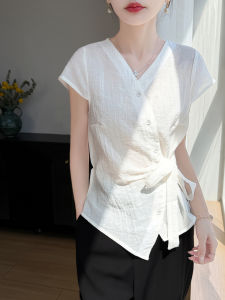 YUEXINYIRONG | French Style V-neck Irregular Waist Tied Blouse