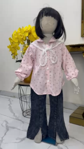 Setelan selena plisket anak perempuan usia 3 - 10 tahun / set celana jeans cutbray model korean syle