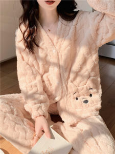 Thickened Coral Fleece Womens Sleepwear Winter Home Clothes Cute Cartoon Bear Pattern V-neck Long Sleeve Dressing Gown Set