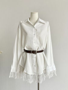 Elegant White Lace Splice Shirt Dress Womens Mid-Length Unique Stylish Spring New Arrival Breathable Comfortable Long Sleeve