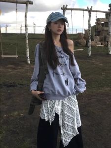 กระโปรงยาวไม่สมมาตรสไตล์เกาหลี ทรงหลวม ผ้าฝ้ายผสม กระโปรงทรงเอสีขาว ชุดสองชิ้นสำหรับใส่ไปทำงาน