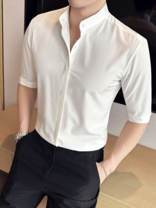 New Chinese Style Stand Collar Ice Silk Mens Shirt Short Sleeve Summer Slim Fit Button down Seven Sleeve Mens Fashion