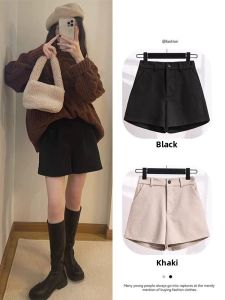 2025 New plus Size Black Woolen Mini Pants Womens Autumn Loose Outerwear High Waist Small Stature A-Line Wide Leg Boot Pants