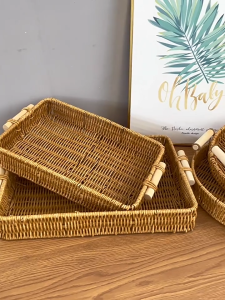 Rattan Weaving Serving Tray with Handles Wicker Woven Bread Basket Food Organizer for Cracker Dinner Parties