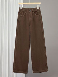 Trendy Brown Fleece Lined Wide Leg Jeans High Waist Straight Cut Korean Style plus Size Casual High Waist Denim Pants
